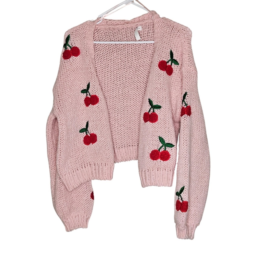 Altard State Pink Cherry Embroidered‎ Chunky Knit Cardigan Sweater XXS Whimsy